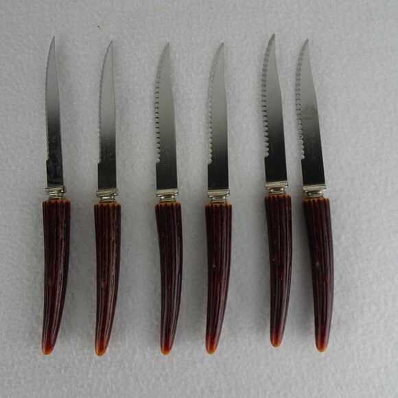6 REGENT SHEFFIELD Steak Knives Stainless Blade Faux Antler Handle Original Box - Picture 1 of 14